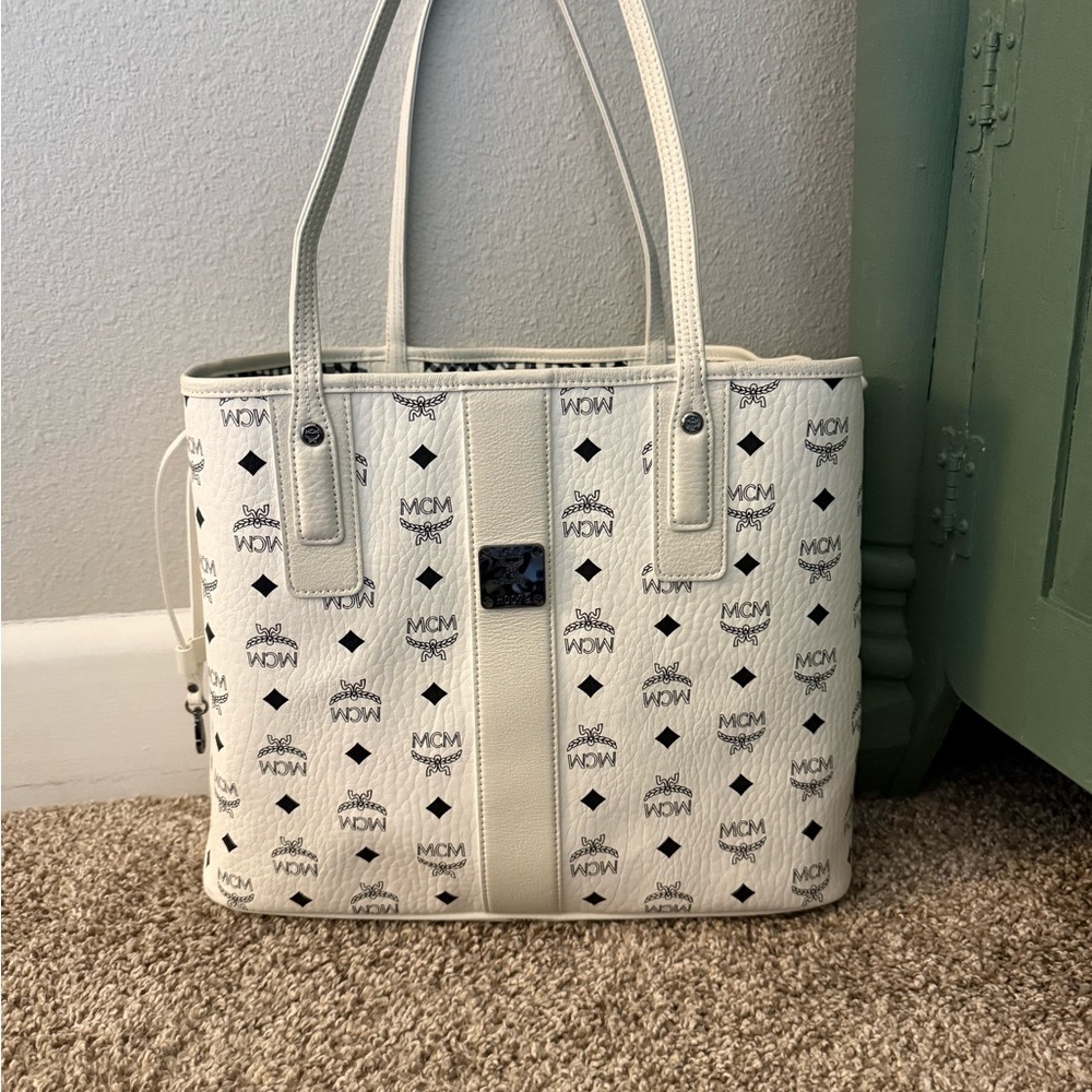 MCM Ivory and Black Logo Tote